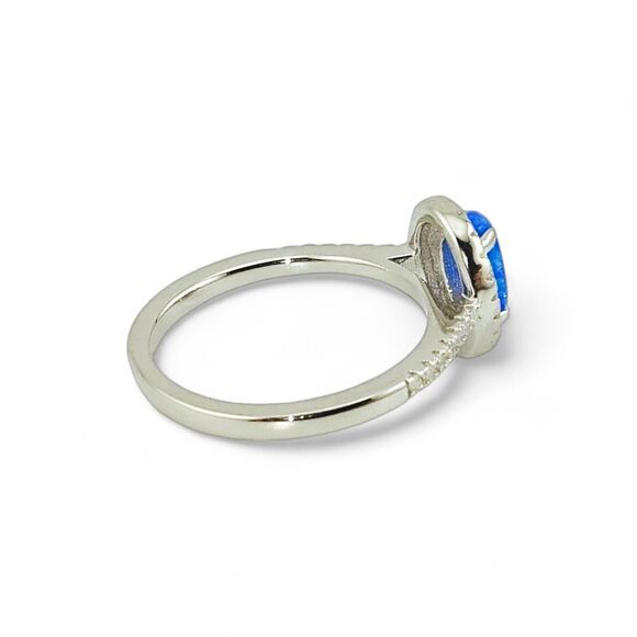 Sterling Silver 925 Blue Lab Opal and Clear CZ Oval Halo Ring - Picture 5 of 7
